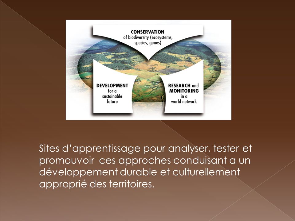 Sites dapprentissage pour analyser, tester et promouvoir ces approches conduisant a un développement durable et culturellement approprié des territoires.