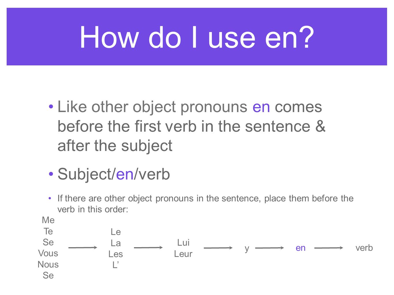 Like other object pronouns en comes before the first verb in the sentence & after the subject Subject/en/verb If there are other object pronouns in the sentence, place them before the verb in this order: How do I use en.