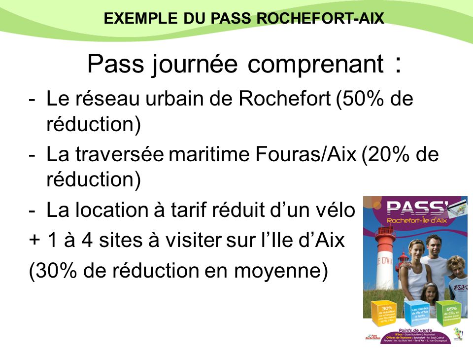 Pass journée comprenant : -Le réseau urbain de Rochefort (50% de réduction) -La traversée maritime Fouras/Aix (20% de réduction) -La location à tarif réduit dun vélo + 1 à 4 sites à visiter sur lIle dAix (30% de réduction en moyenne) EXEMPLE DU PASS ROCHEFORT-AIX