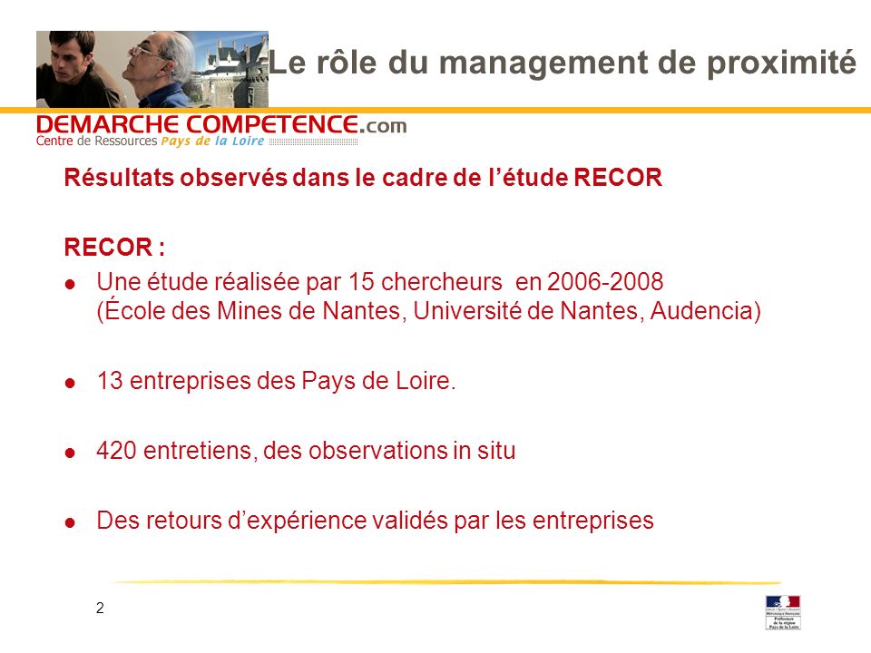 2 Le rôle du management de proximité Résultats observés dans le cadre de létude RECOR RECOR : l Une étude réalisée par 15 chercheurs en (École des Mines de Nantes, Université de Nantes, Audencia) l 13 entreprises des Pays de Loire.