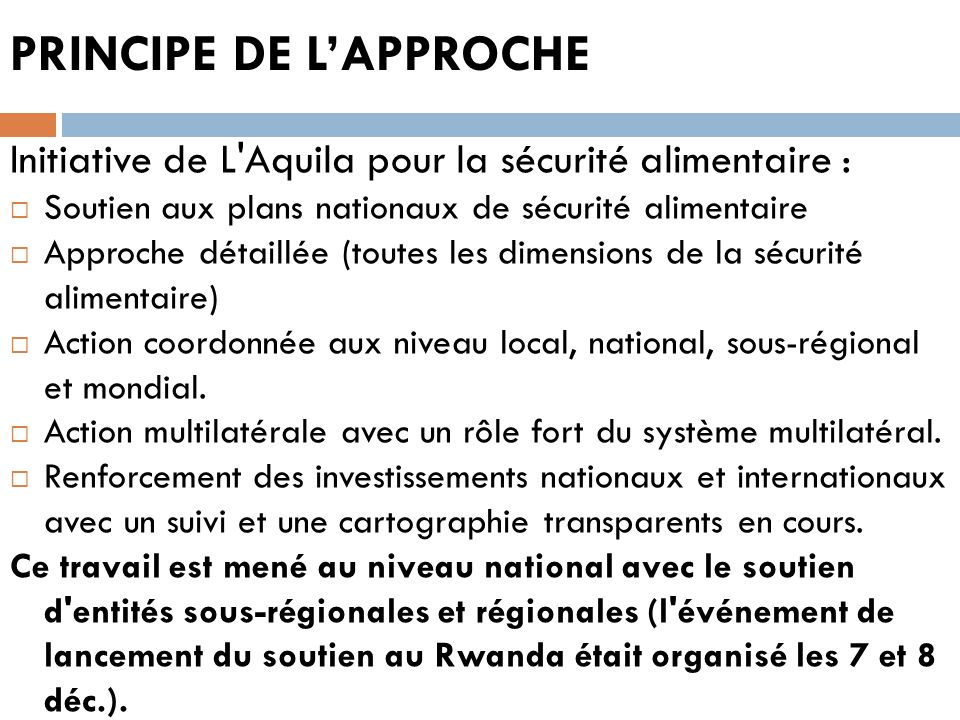 PRINCIPE DE LAPPROCHE Initiative de L Aquila pour la sécurité alimentaire : Soutien aux plans nationaux de sécurité alimentaire Approche détaillée (toutes les dimensions de la sécurité alimentaire) Action coordonnée aux niveau local, national, sous-régional et mondial.