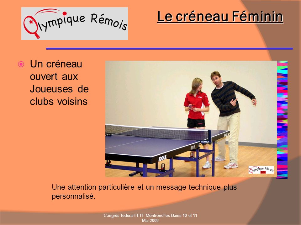 Le créneau Féminin Un créneau ouvert aux Joueuses de clubs voisins Une attention particulière et un message technique plus personnalisé.