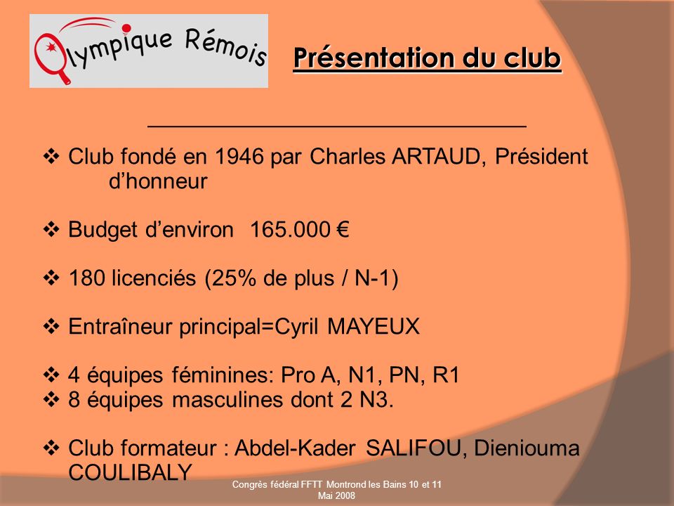 Club fondé en 1946 par Charles ARTAUD, Président dhonneur Budget denviron licenciés (25% de plus / N-1) Entraîneur principal=Cyril MAYEUX 4 équipes féminines: Pro A, N1, PN, R1 8 équipes masculines dont 2 N3.