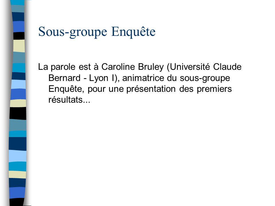 Sous-groupe Enquête La parole est à Caroline Bruley (Université Claude Bernard - Lyon I), animatrice du sous-groupe Enquête, pour une présentation des premiers résultats...