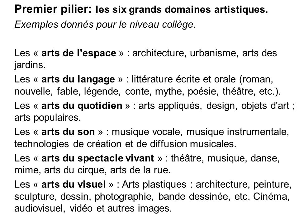 Premier pilier: les six grands domaines artistiques.
