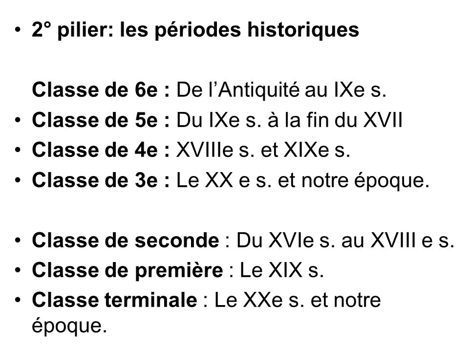 2° pilier: les périodes historiques Classe de 6e : De lAntiquité au IXe s.