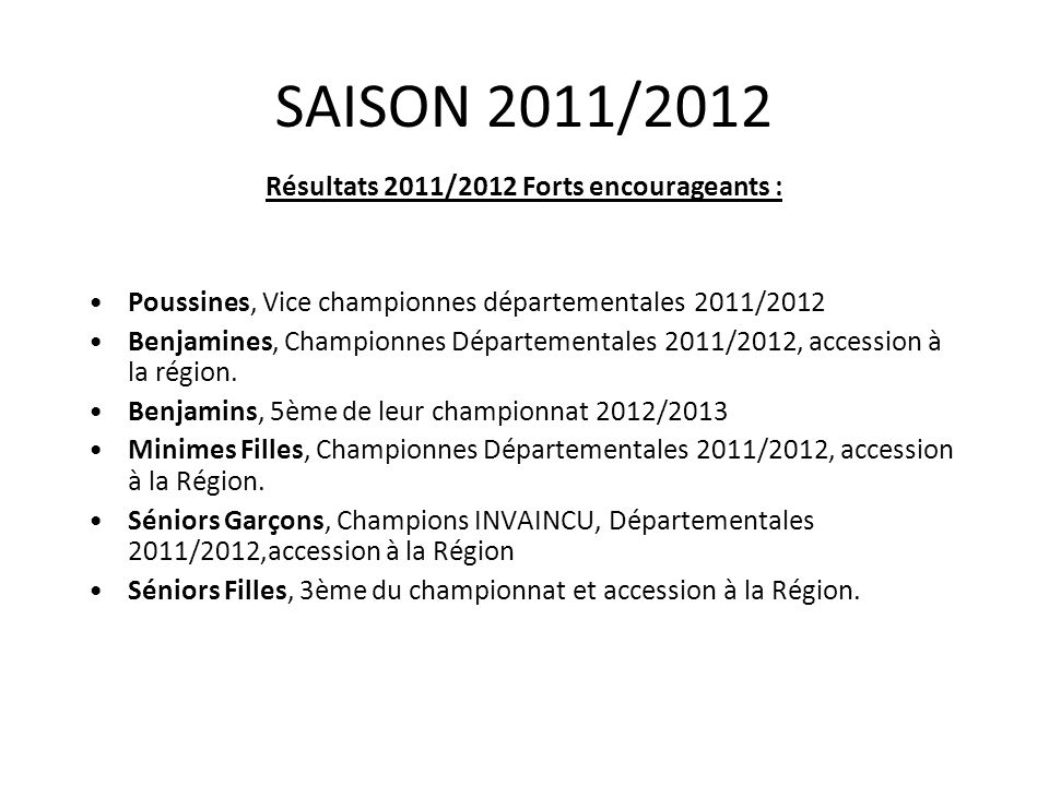SAISON 2011/2012 Résultats 2011/2012 Forts encourageants : Poussines, Vice championnes départementales 2011/2012 Benjamines, Championnes Départementales 2011/2012, accession à la région.