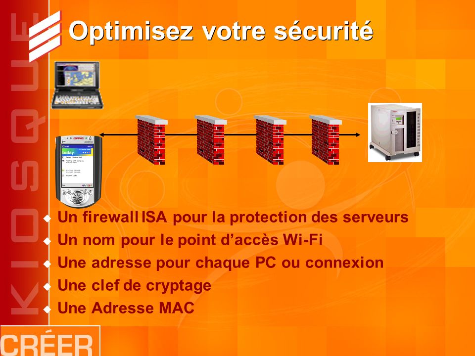 Optimisez votre sécurité Un firewall ISA pour la protection des serveurs Un nom pour le point daccès Wi-Fi Une adresse pour chaque PC ou connexion Une clef de cryptage Une Adresse MAC