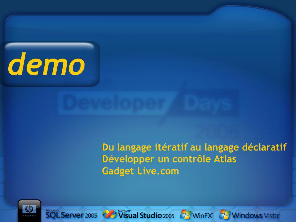 Du langage itératif au langage déclaratif Développer un contrôle Atlas Gadget Live.com demo