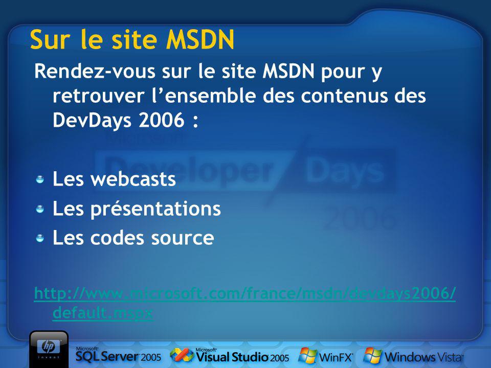 Rendez-vous sur le site MSDN pour y retrouver lensemble des contenus des DevDays 2006 : Les webcasts Les présentations Les codes source   default.mspx Sur le site MSDN