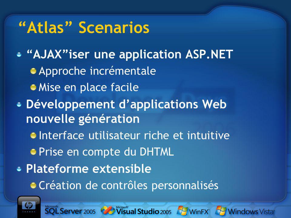 Atlas Scenarios AJAXiser une application ASP.NET Approche incrémentale Mise en place facile Développement dapplications Web nouvelle génération Interface utilisateur riche et intuitive Prise en compte du DHTML Plateforme extensible Création de contrôles personnalisés