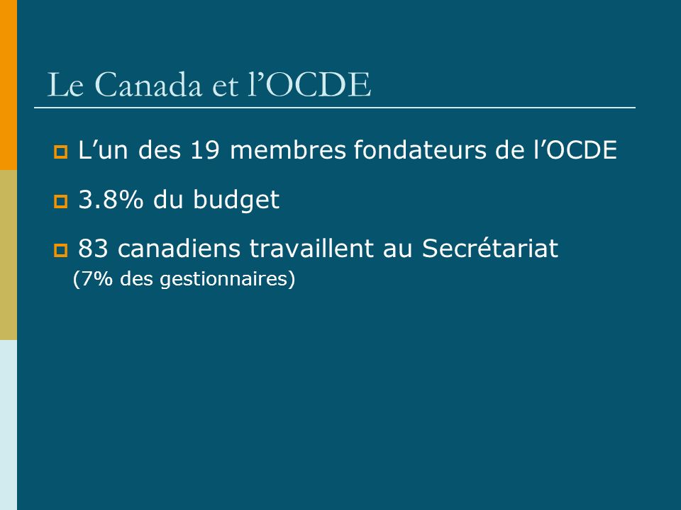 Le Canada et lOCDE Lun des 19 membres fondateurs de lOCDE 3.8% du budget 83 canadiens travaillent au Secrétariat (7% des gestionnaires)