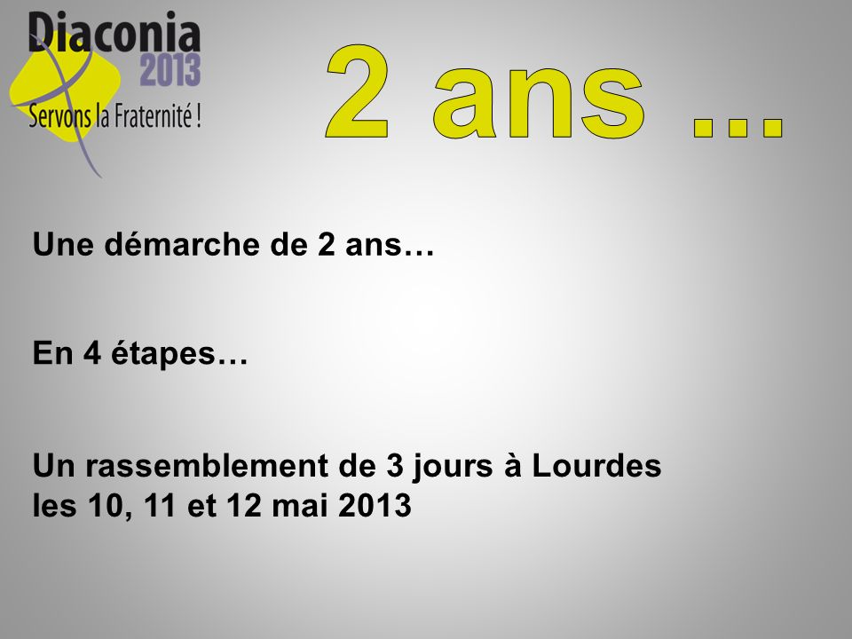 Une démarche de 2 ans… En 4 étapes… Un rassemblement de 3 jours à Lourdes les 10, 11 et 12 mai 2013