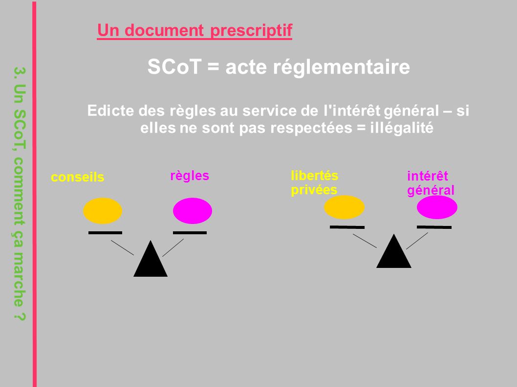 SCoT = acte réglementaire Edicte des règles au service de l intérêt général – si elles ne sont pas respectées = illégalité Un document prescriptif 3.