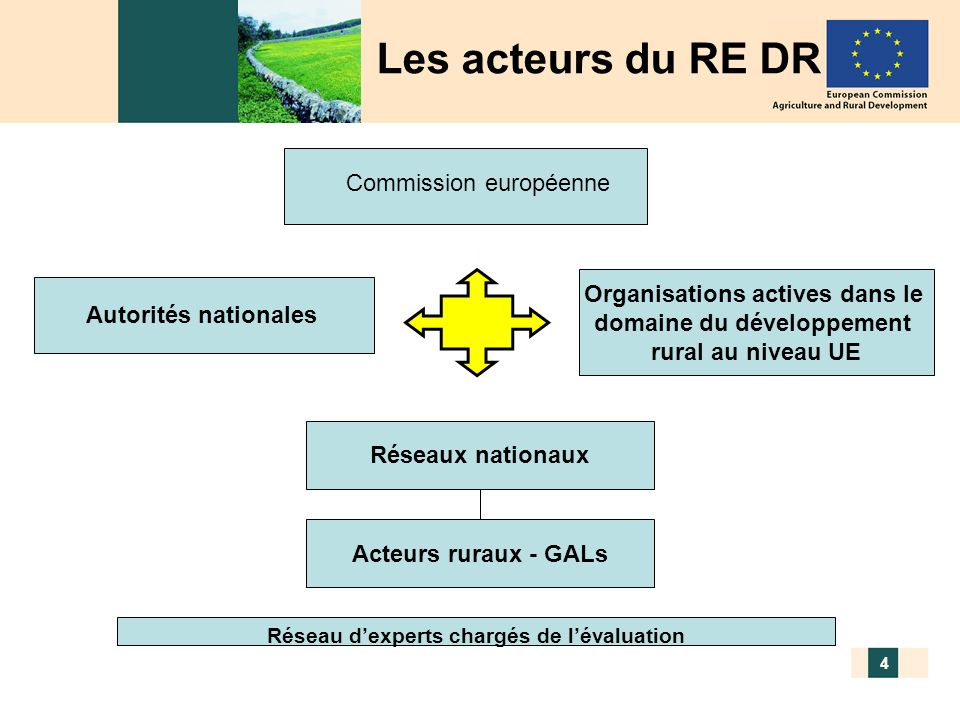 GALs français – 20/11/ Autorités nationales Organisations actives dans le domaine du développement rural au niveau UE Commission européenne Réseaux nationaux Acteurs ruraux - GALs Les acteurs du RE DR Réseau dexperts chargés de lévaluation