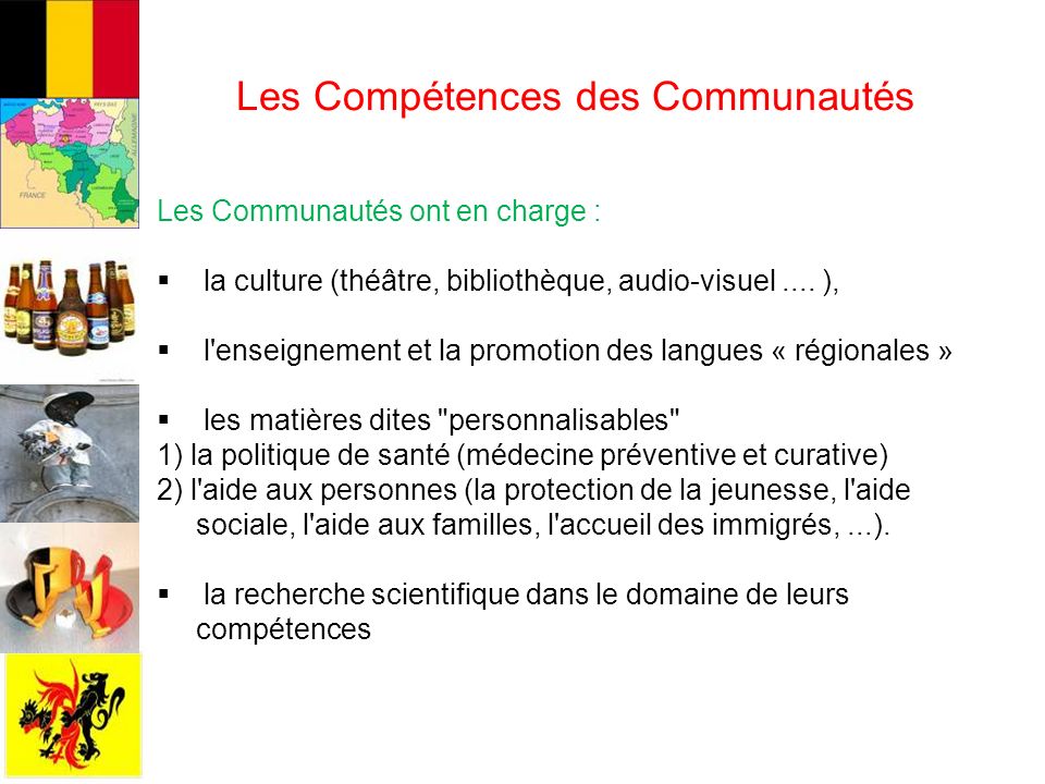Les Compétences des Communautés Les Communautés ont en charge : la culture (théâtre, bibliothèque, audio-visuel....