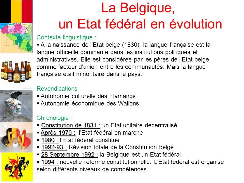 La Belgique, un Etat fédéral en évolution Contexte linguistique : A la naissance de lEtat belge (1830), la langue française est la langue officielle dominante dans les institutions politiques et administratives.