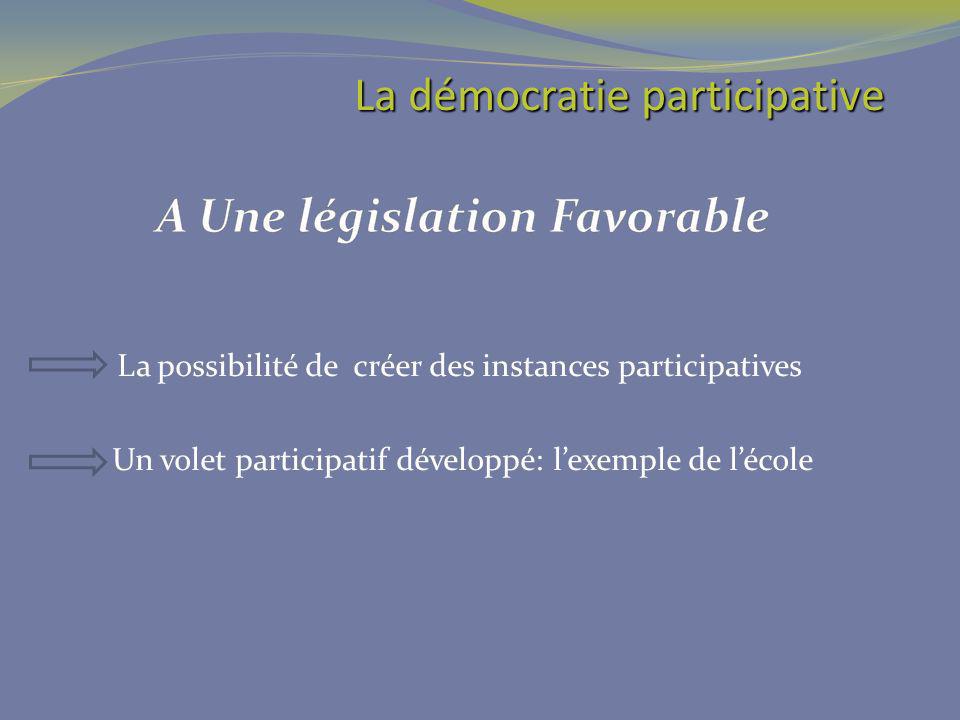 La possibilité de créer des instances participatives Un volet participatif développé: lexemple de lécole La démocratie participative La démocratie participative