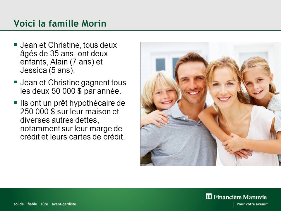 Voici la famille Morin Jean et Christine, tous deux âgés de 35 ans, ont deux enfants, Alain (7 ans) et Jessica (5 ans).