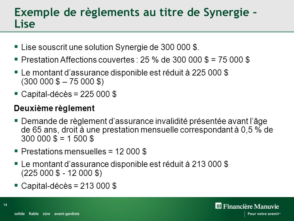 Exemple de règlements au titre de Synergie – Lise Lise souscrit une solution Synergie de $.