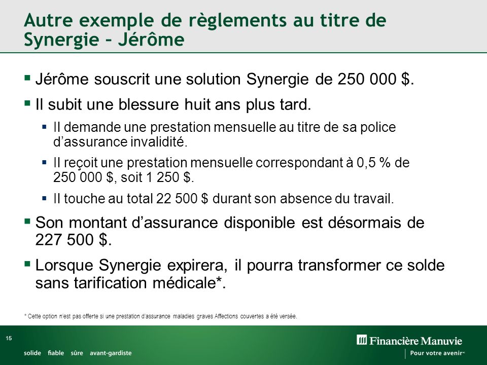 Autre exemple de règlements au titre de Synergie – Jérôme Jérôme souscrit une solution Synergie de $.