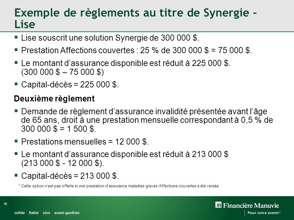 16 Exemple de règlements au titre de Synergie – Lise Lise souscrit une solution Synergie de $.