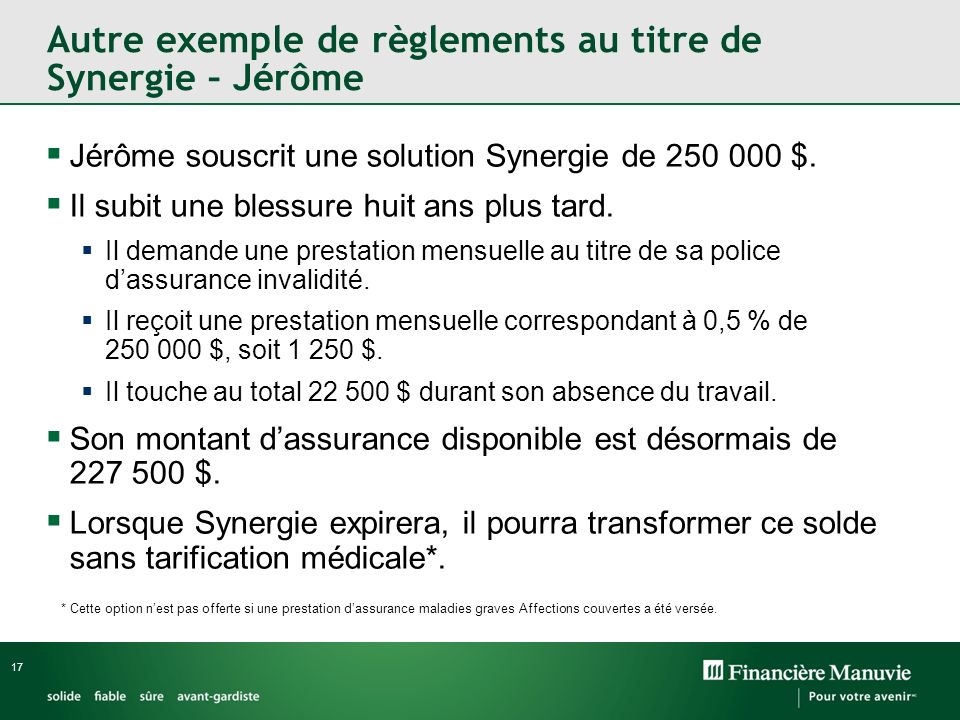 17 Autre exemple de règlements au titre de Synergie – Jérôme Jérôme souscrit une solution Synergie de $.