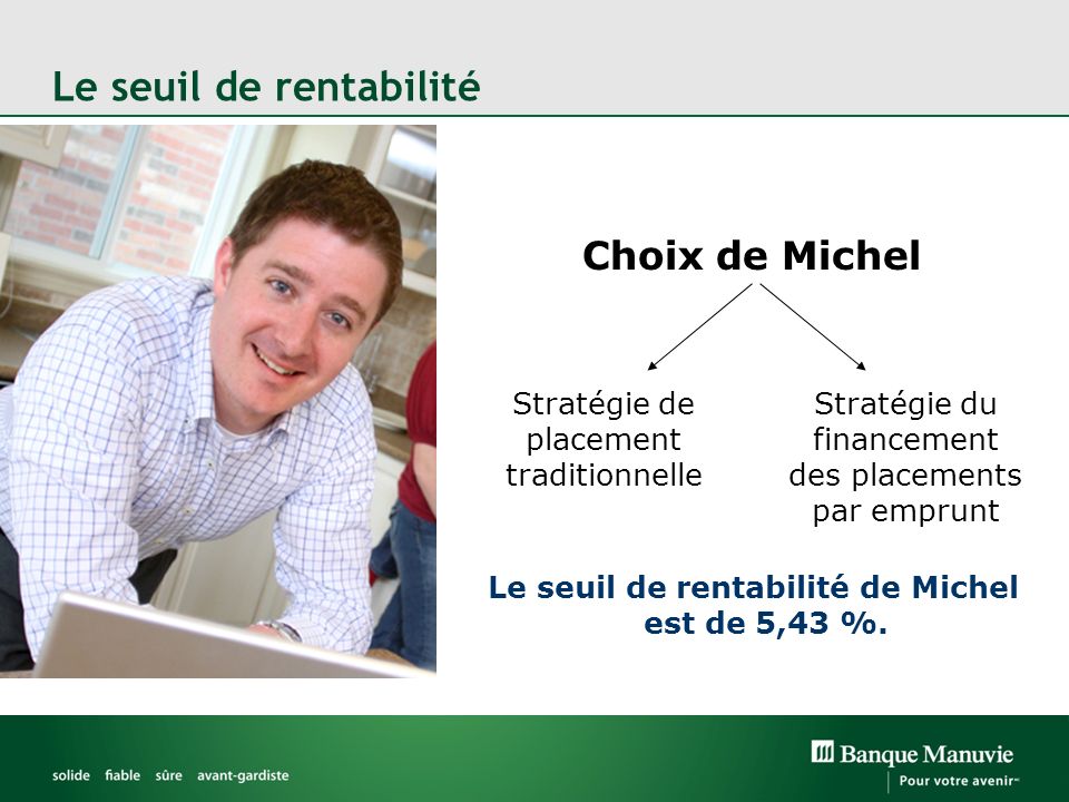 Le seuil de rentabilité Choix de Michel Le seuil de rentabilité de Michel est de 5,43 %.