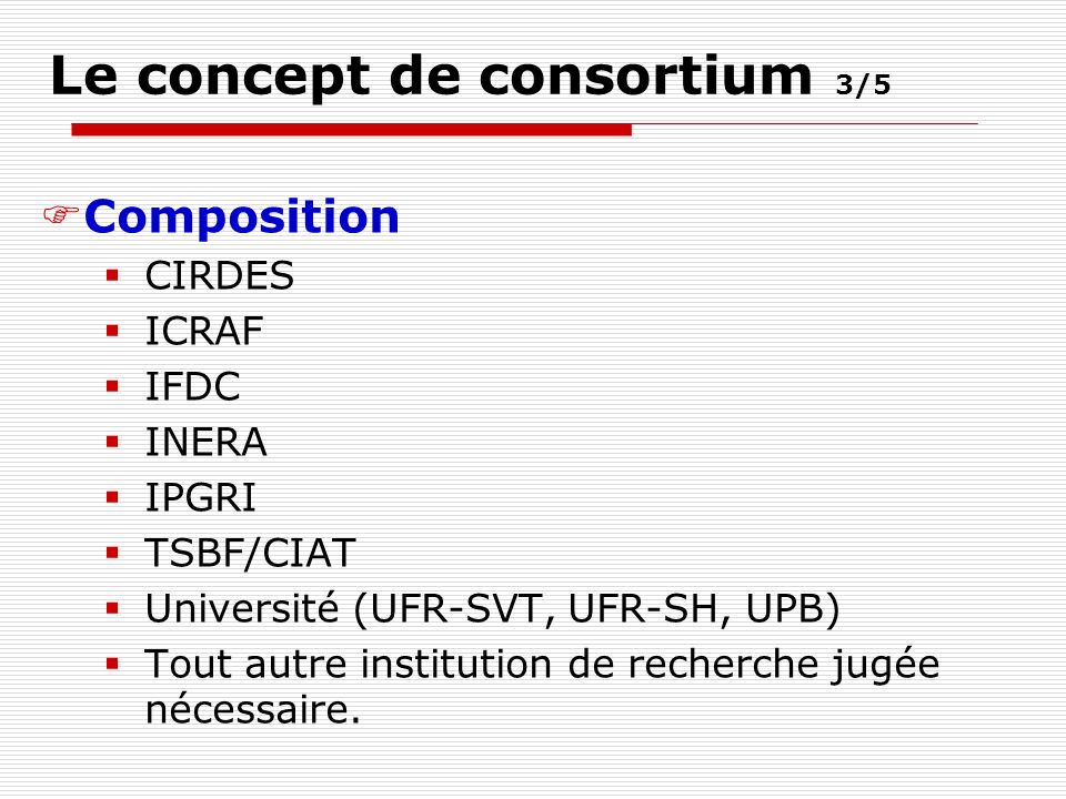 Le concept de consortium 3/5 Composition CIRDES ICRAF IFDC INERA IPGRI TSBF/CIAT Université (UFR-SVT, UFR-SH, UPB) Tout autre institution de recherche jugée nécessaire.