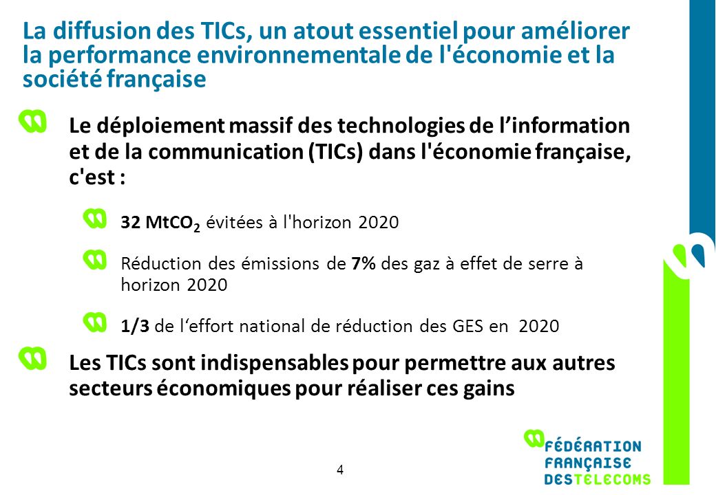 La diffusion des TICs, un atout essentiel pour améliorer la performance environnementale de l économie et la société française Le déploiement massif des technologies de linformation et de la communication (TICs) dans l économie française, c est : 32 MtCO 2 évitées à l horizon 2020 Réduction des émissions de 7% des gaz à effet de serre à horizon /3 de leffort national de réduction des GES en 2020 Les TICs sont indispensables pour permettre aux autres secteurs économiques pour réaliser ces gains 4