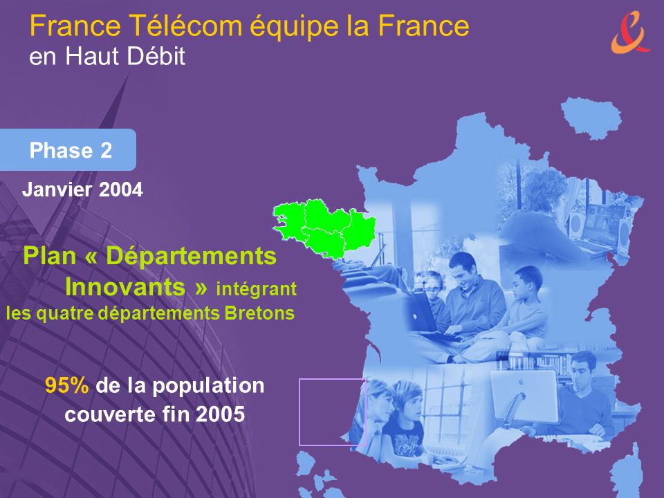 Phase 2 Plan « Départements Innovants » intégrant les quatre départements Bretons 95% de la population couverte fin 2005 France Télécom équipe la France en Haut Débit Janvier 2004