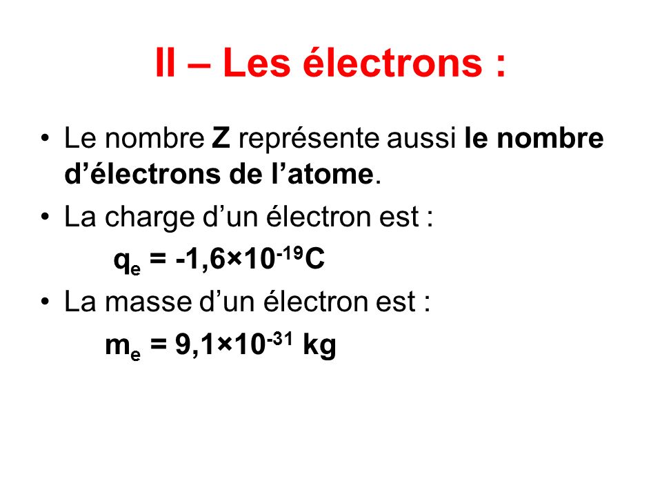 II – Les électrons : Le nombre Z représente aussi le nombre délectrons de latome.