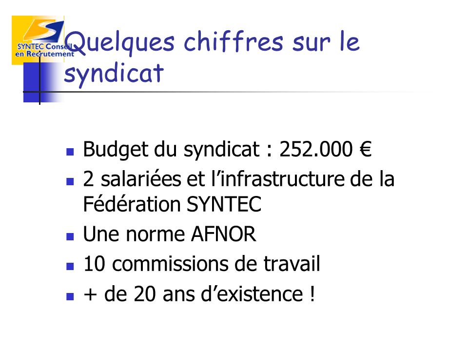 Quelques chiffres sur le syndicat Budget du syndicat : salariées et linfrastructure de la Fédération SYNTEC Une norme AFNOR 10 commissions de travail + de 20 ans dexistence !