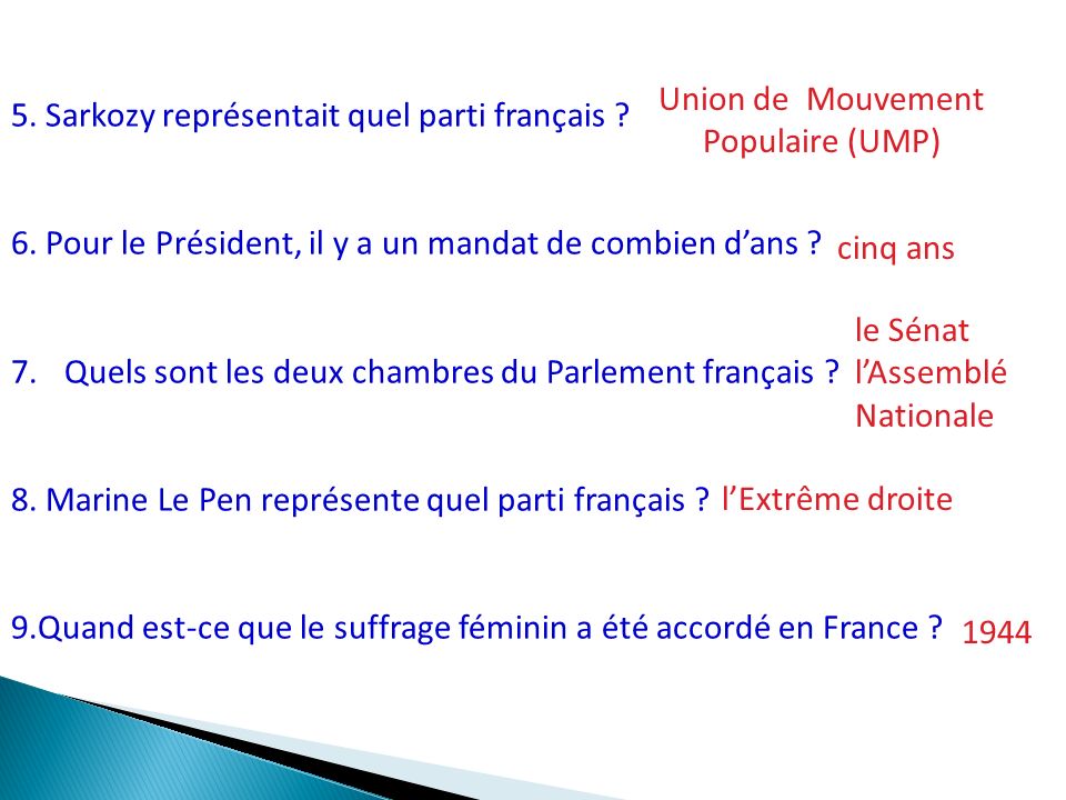 5. Sarkozy représentait quel parti français . 6.