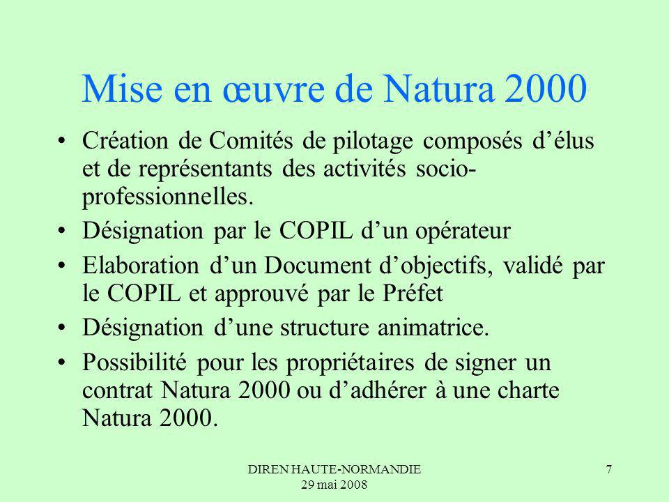 DIREN HAUTE-NORMANDIE 29 mai Mise en œuvre de Natura 2000 Création de Comités de pilotage composés délus et de représentants des activités socio- professionnelles.