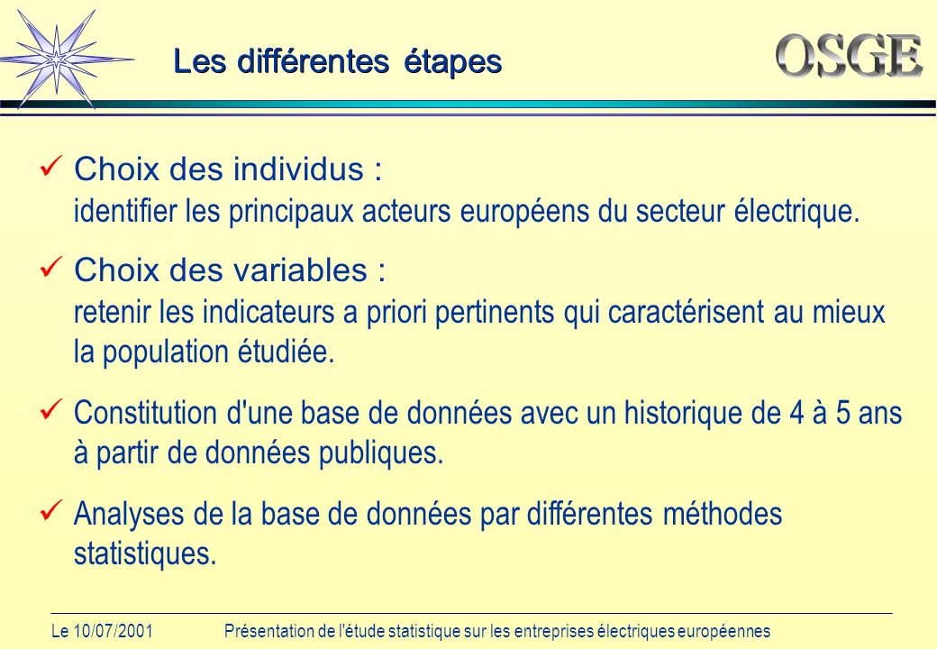Le 10/07/2001Présentation de l étude statistique sur les entreprises électriques européennes Les différentes étapes Choix des individus : identifier les principaux acteurs européens du secteur électrique.