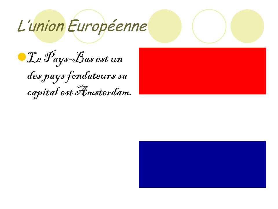 Lunion Européenne Le Pays-Bas est un des pays fondateurs sa capital est Amsterdam.