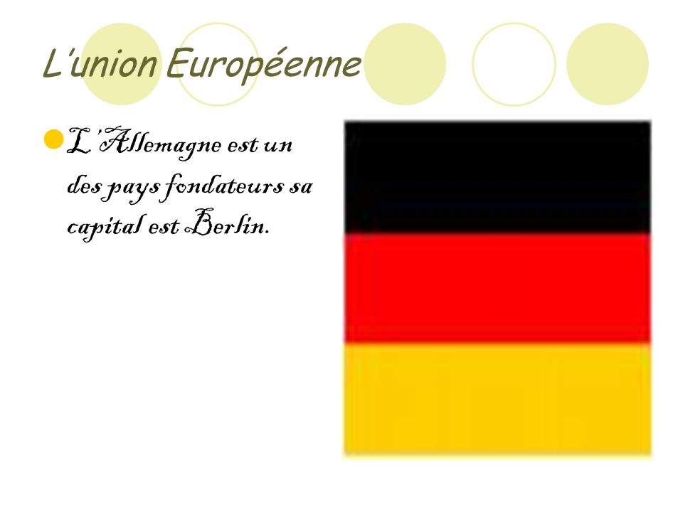 Lunion Européenne LAllemagne est un des pays fondateurs sa capital est Berlin.