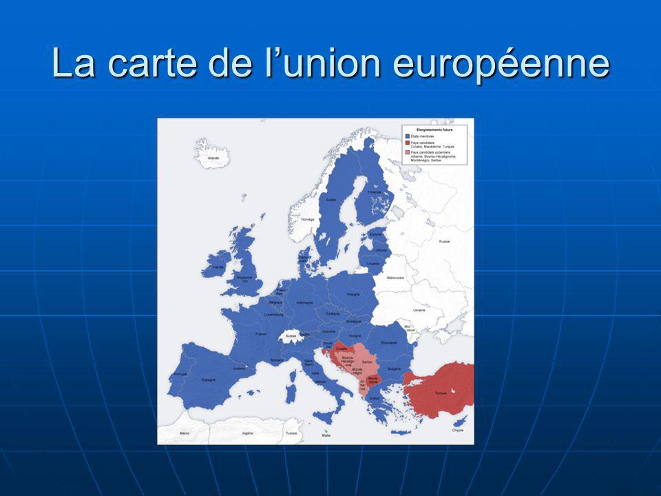 Union européenne [UE], cadre institutionnel organisant lespace communautaire européen et la coopération politique, économique et monétaire entre ses vingt-sept États membres.