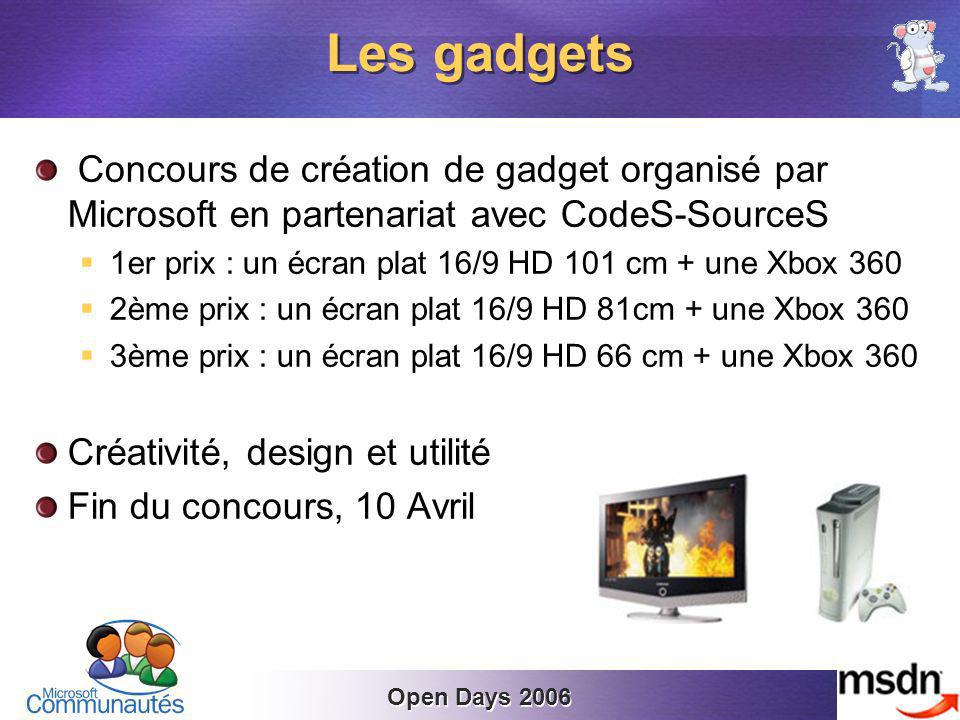 Open Days 2006 Concours de création de gadget organisé par Microsoft en partenariat avec CodeS-SourceS 1er prix : un écran plat 16/9 HD 101 cm + une Xbox 360 2ème prix : un écran plat 16/9 HD 81cm + une Xbox 360 3ème prix : un écran plat 16/9 HD 66 cm + une Xbox 360 Créativité, design et utilité Fin du concours, 10 Avril Les gadgets