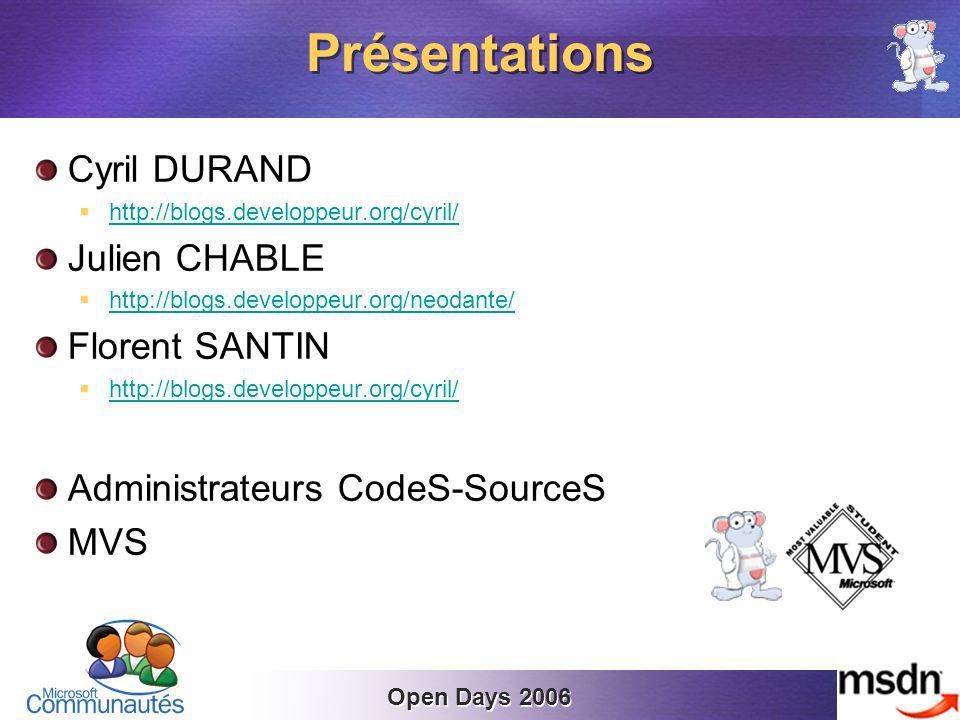 Open Days 2006 Cyril DURAND   Julien CHABLE   Florent SANTIN   Administrateurs CodeS-SourceS MVS Présentations