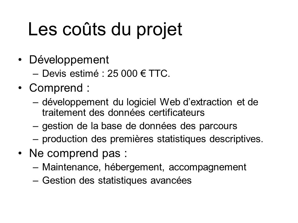 Les coûts du projet Développement –Devis estimé : TTC.