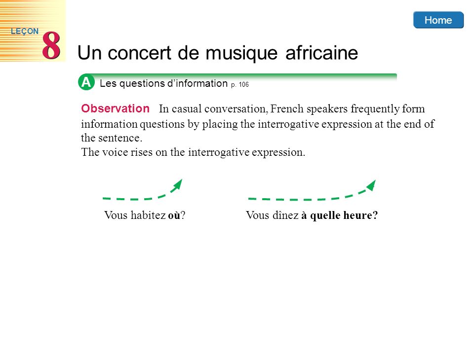 Home Un concert de musique africaine 8 8 LEÇON A Observation In casual conversation, French speakers frequently form information questions by placing the interrogative expression at the end of the sentence.