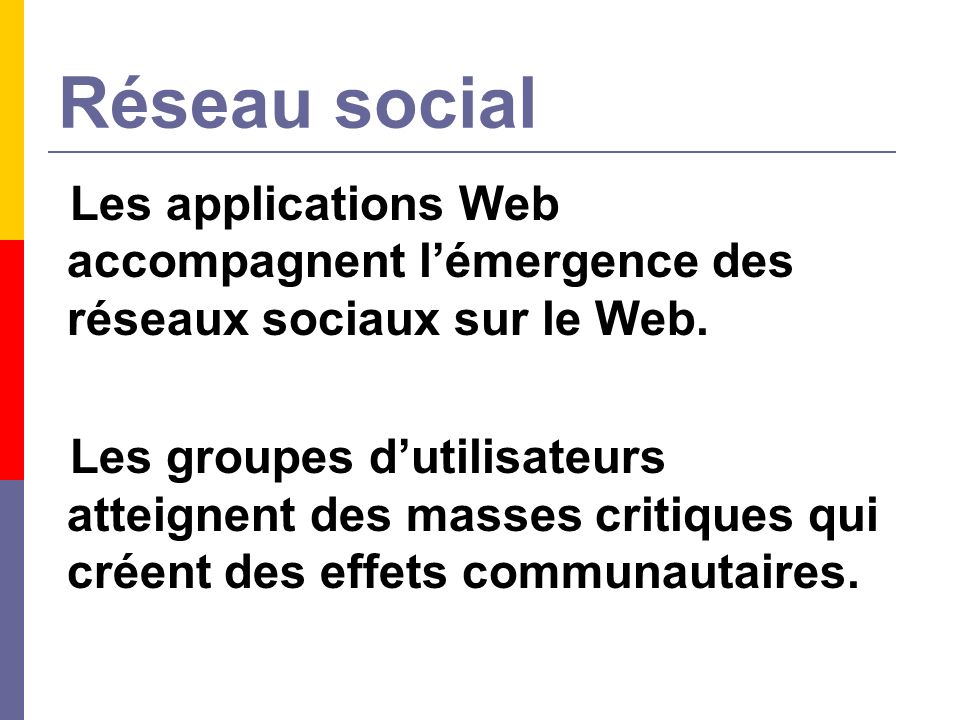 Réseau social Les applications Web accompagnent lémergence des réseaux sociaux sur le Web.