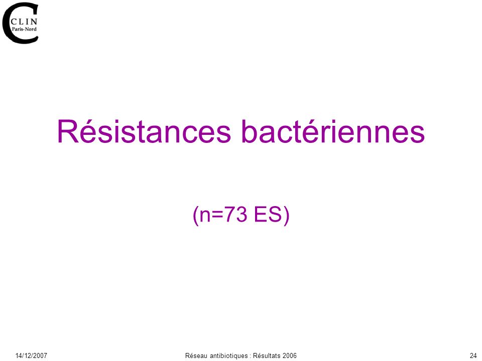 14/12/2007Réseau antibiotiques : Résultats Résistances bactériennes (n=73 ES)