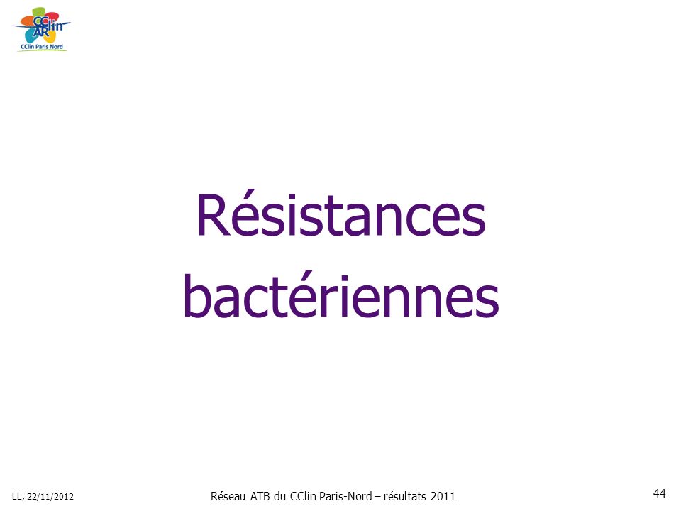 Réseau ATB du CClin Paris-Nord – résultats 2011 LL, 22/11/ Résistances bactériennes