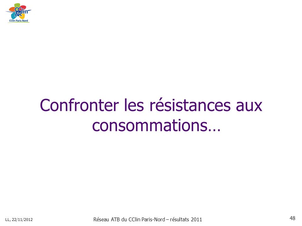 Réseau ATB du CClin Paris-Nord – résultats 2011 LL, 22/11/ Confronter les résistances aux consommations…