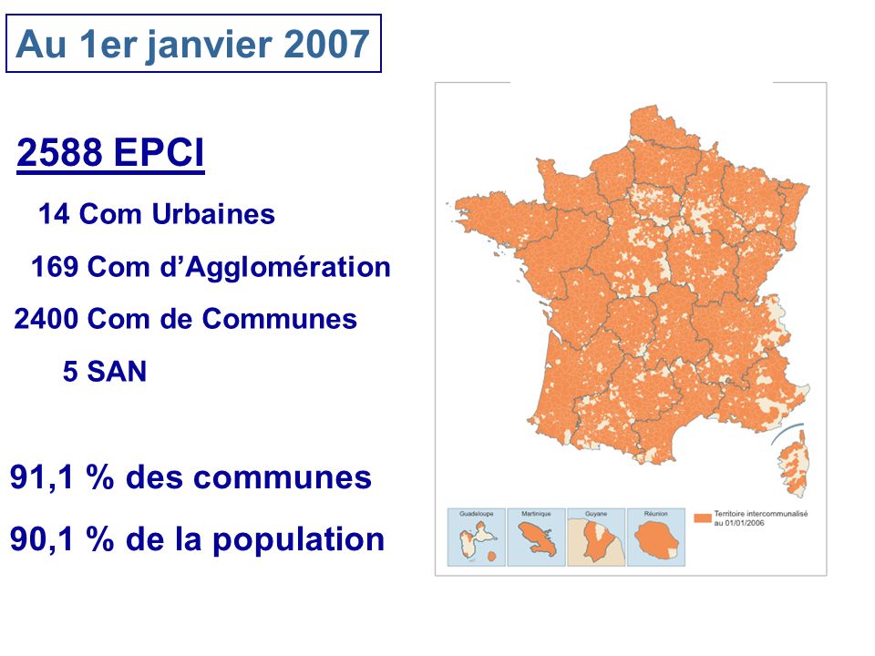 Au 1er janvier EPCI 14 Com Urbaines 169 Com dAgglomération 2400 Com de Communes 5 SAN 91,1 % des communes 90,1 % de la population