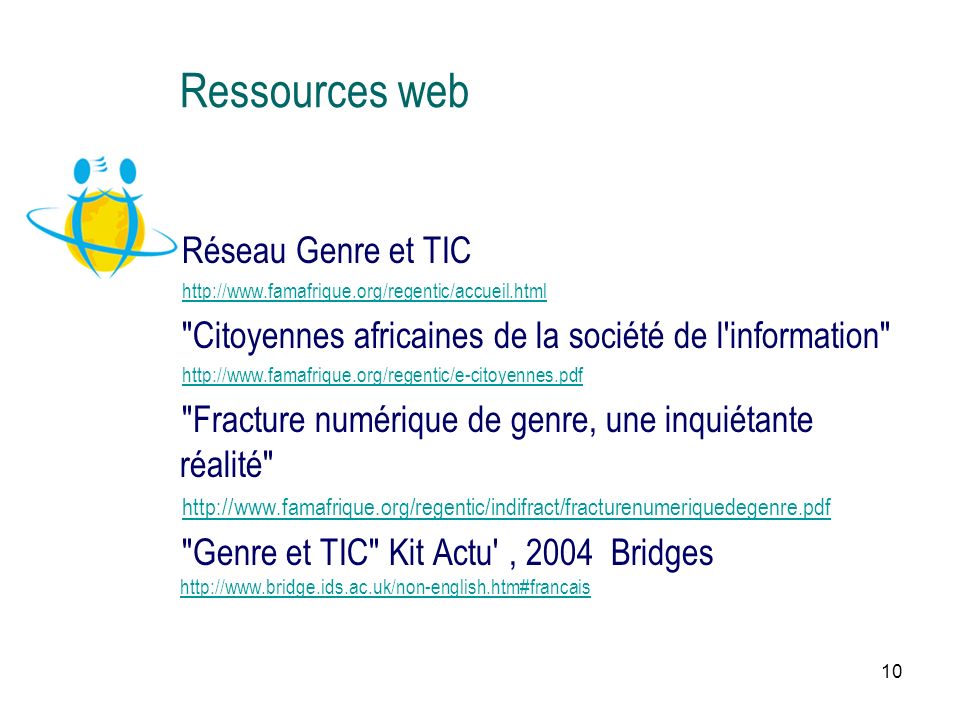 10 Ressources web Réseau Genre et TIC   Citoyennes africaines de la société de l information   Fracture numérique de genre, une inquiétante réalité   Genre et TIC Kit Actu , 2004 Bridges
