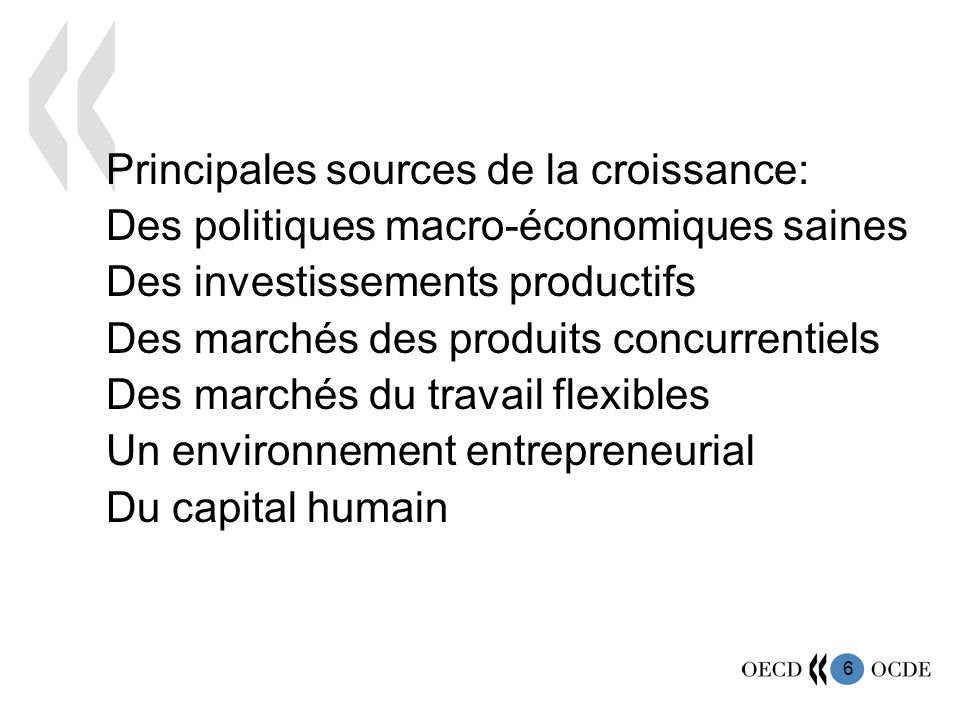 6 Principales sources de la croissance: Des politiques macro-économiques saines Des investissements productifs Des marchés des produits concurrentiels Des marchés du travail flexibles Un environnement entrepreneurial Du capital humain
